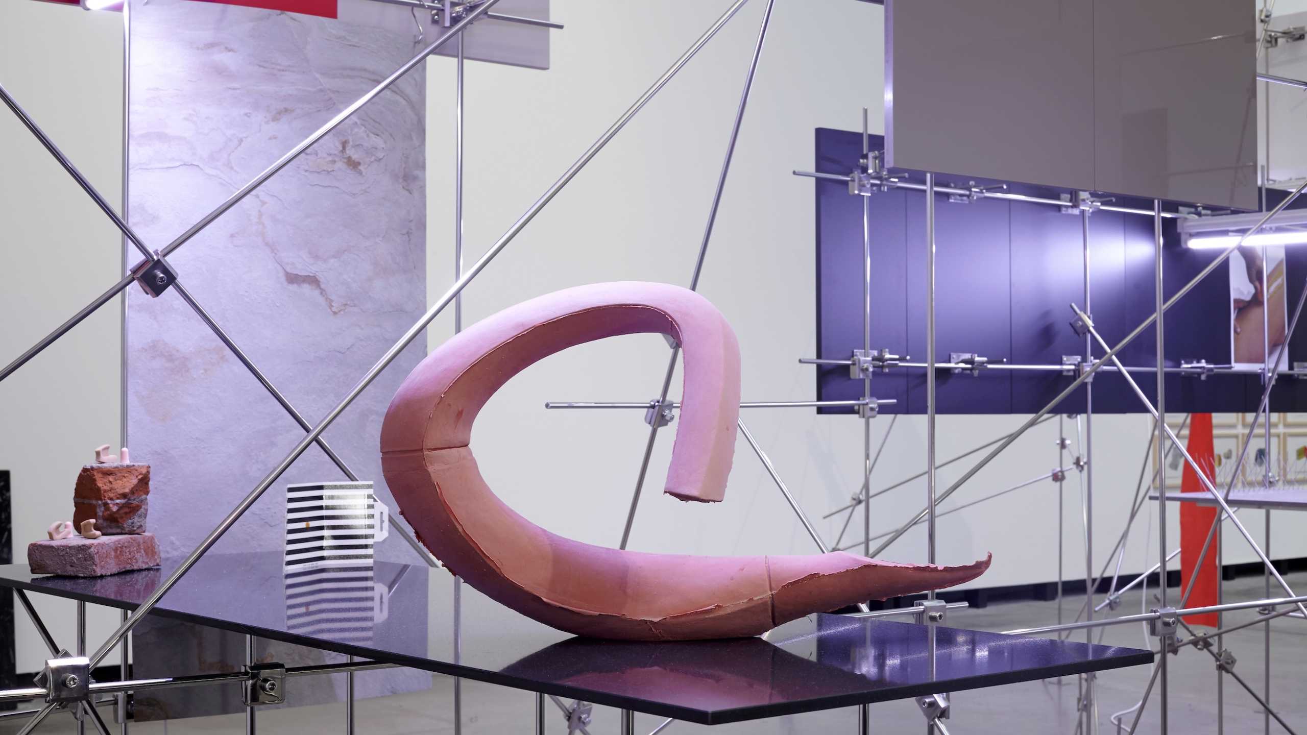 Detailansicht einer Kunstinstallation mit einem skulpturalen, rosafarbenen Objekt in Form einer gebogenen, spitz zulaufenden Spirale, das auf einer schwarzen Platte liegt. Im Hintergrund ein Gerüst aus silbernen Metallstangen mit montierten farbigen Flächen. Links ein Stapel aus Backsteinen mit kleinen beigefarbenen Elementen und ein Objekt mit schwarz-weißen Streifen. Die Szene ist mit künstlichem Licht akzentuiert.