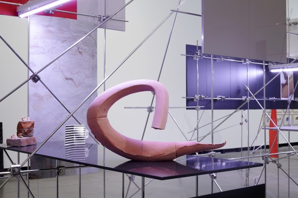Detailansicht einer Kunstinstallation mit einem skulpturalen, rosafarbenen Objekt in Form einer gebogenen, spitz zulaufenden Spirale, das auf einer schwarzen Platte liegt. Im Hintergrund ein Gerüst aus silbernen Metallstangen mit montierten farbigen Flächen. Links ein Stapel aus Backsteinen mit kleinen beigefarbenen Elementen und ein Objekt mit schwarz-weißen Streifen. Die Szene ist mit künstlichem Licht akzentuiert.